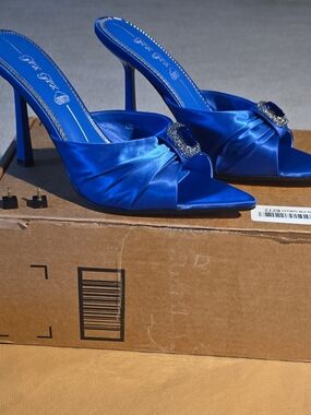 Royal Blue Satin Slide Heels with Rhinestone Buckle